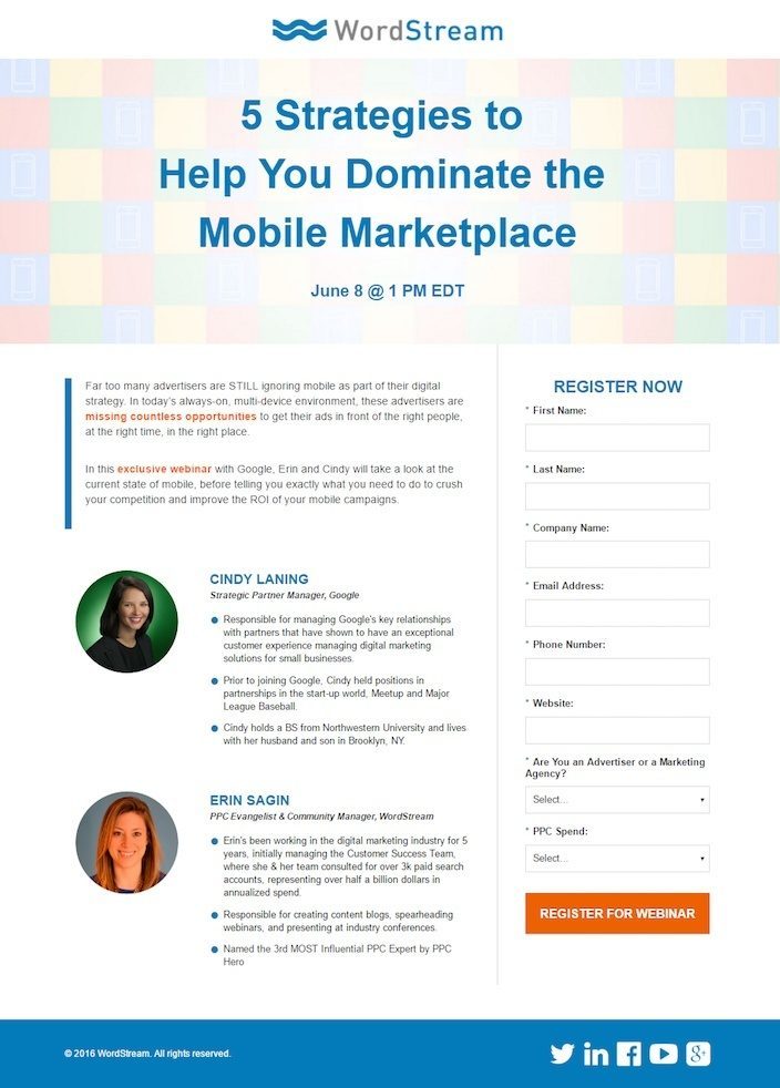 This picture shows marketers how WordStream uses a webinar landing page to generate brand awareness, leads, and sales.