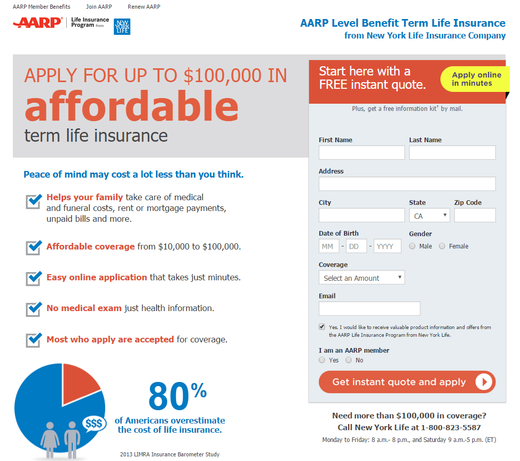 This picture shows marketers how AARP uses a life insurance landing page to generate leads and “