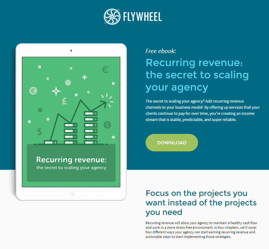 Questa immagine mostra ai marketer come Flywheel utilizza un download di ebook sulla sua pagina di destinazione per generare nuovi lead