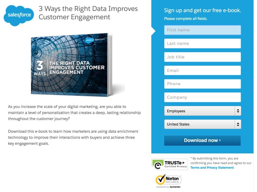 Questa immagine mostra al marketing come Salesforce utilizza un download di ebook per generare nuovi lead e aumentare il coinvolgimento con il suo pubblico