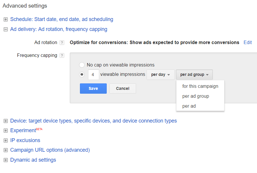 This picture shows marketers how to setup advanced ad delivery in AdWords based on the marketing funnel.