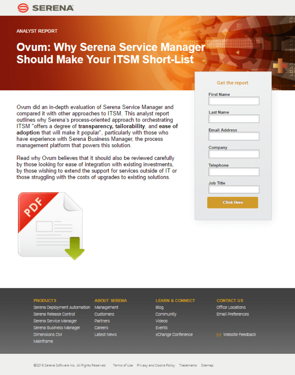 Serena Software post-click landing page Example