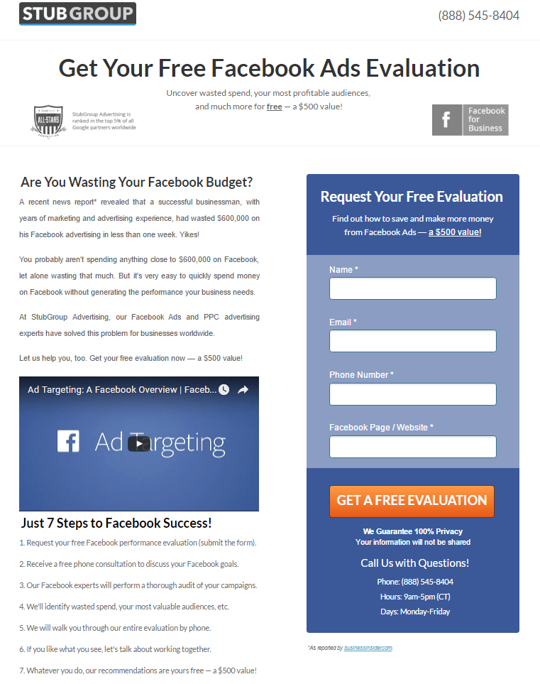 StubGroup post-click landing page Example