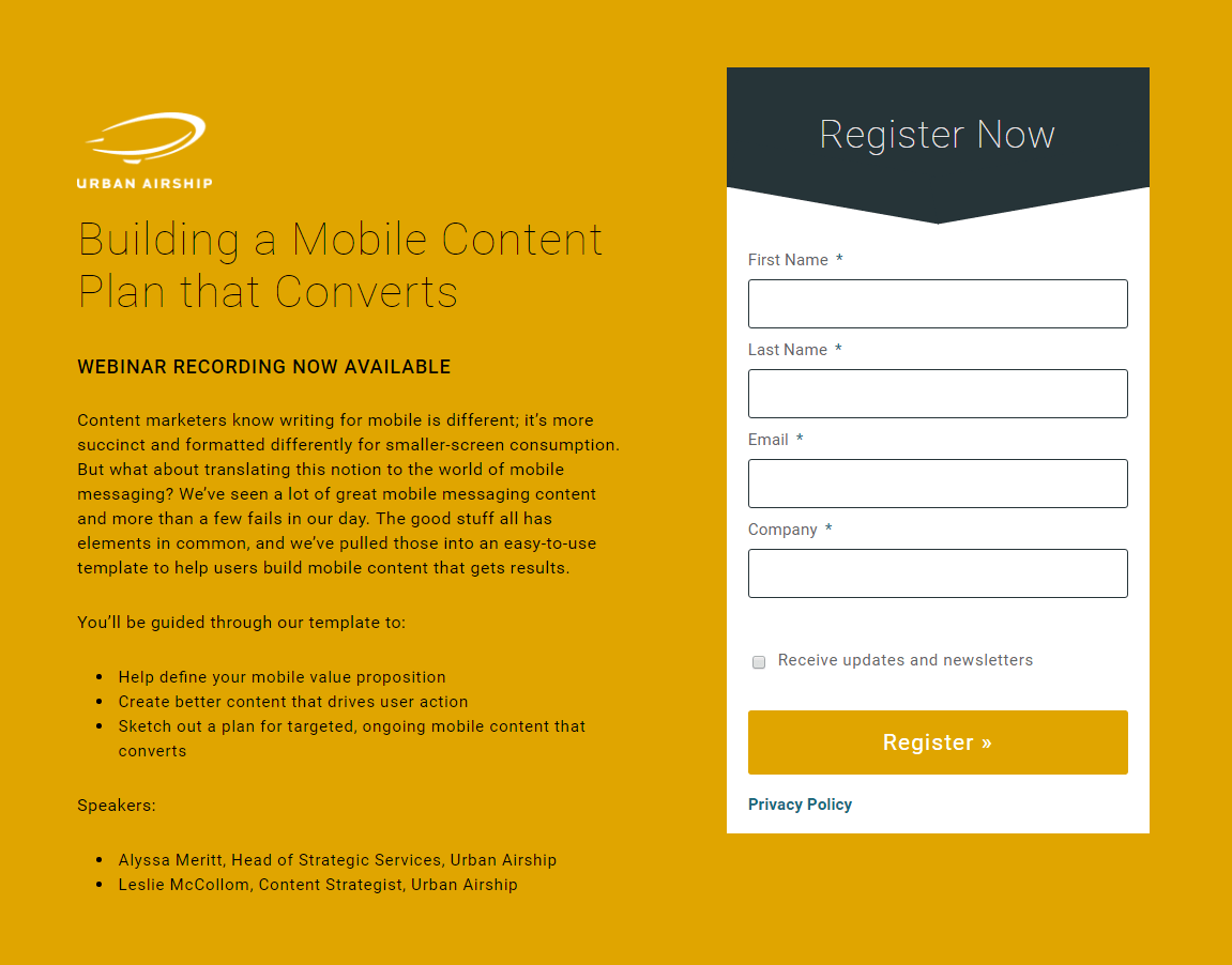 Urban Airship post-click landing page Example