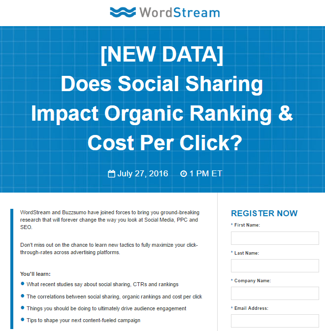 WordStream Social Sharing post-click landing page Example