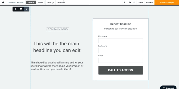 Showing how to add new elements to a post-click landing page from the top menu