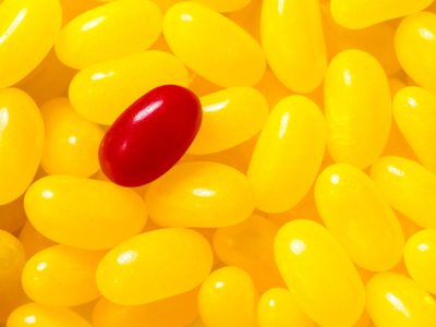 post-click landing page Anomaly showing a red jellybean among yellow jellybeans