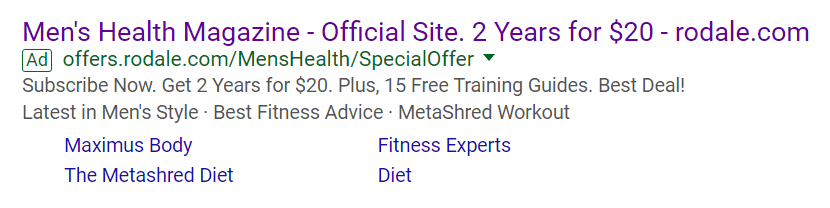 Men's Health Paid Search Ad Example