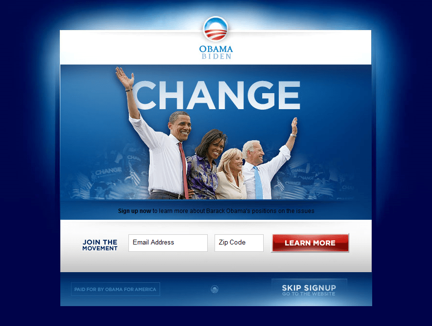 Obama Campaign Splash Page Example