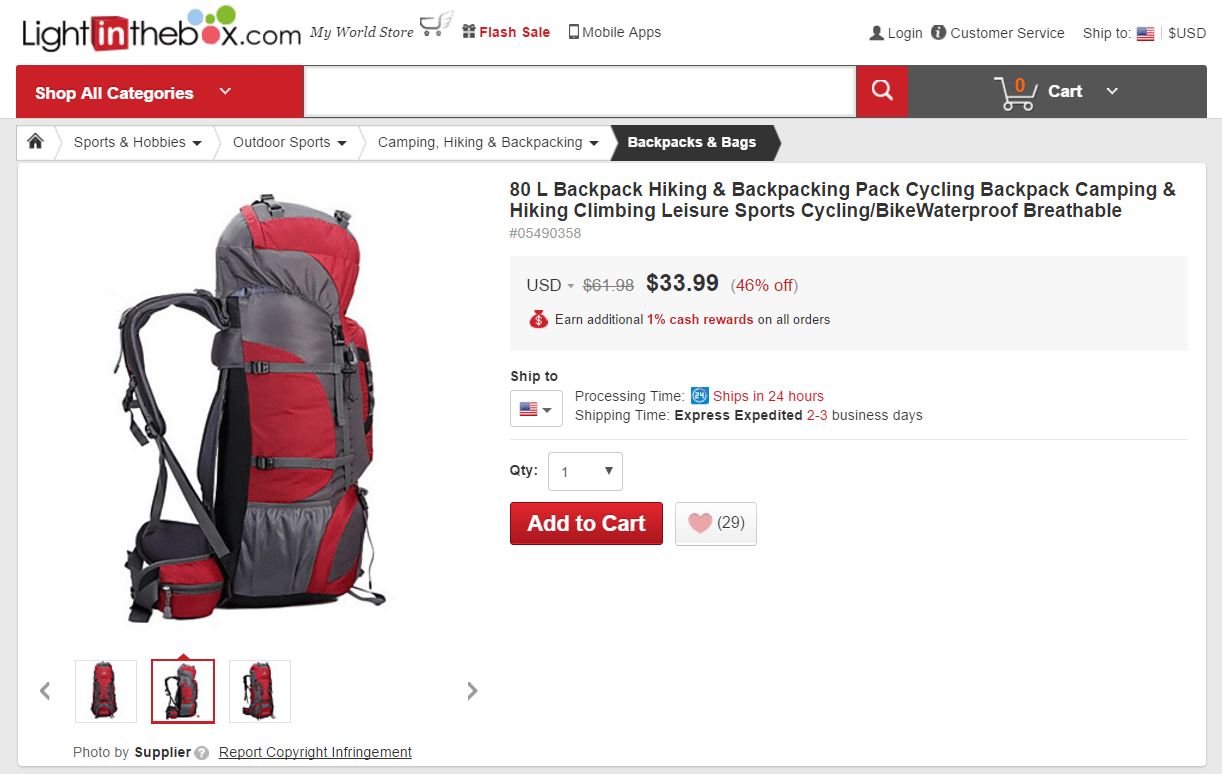 Product post-click landing page Example Featuring a Red Hiking Backpack