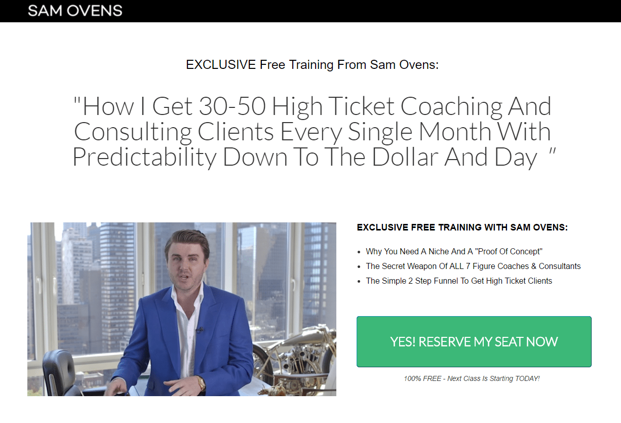 Sam Ovens post-click landing page Example