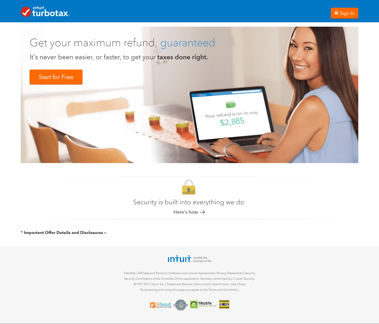 TurboTax Conversion-centered Color Scheme on post-click landing page